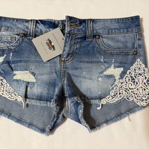 Harley-Davidson Light Blue Distressed Denim Shorts with White Lace